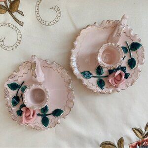 Vintage Enterprise Japan Pink Ceramic Candle Holders with raised rose pattern